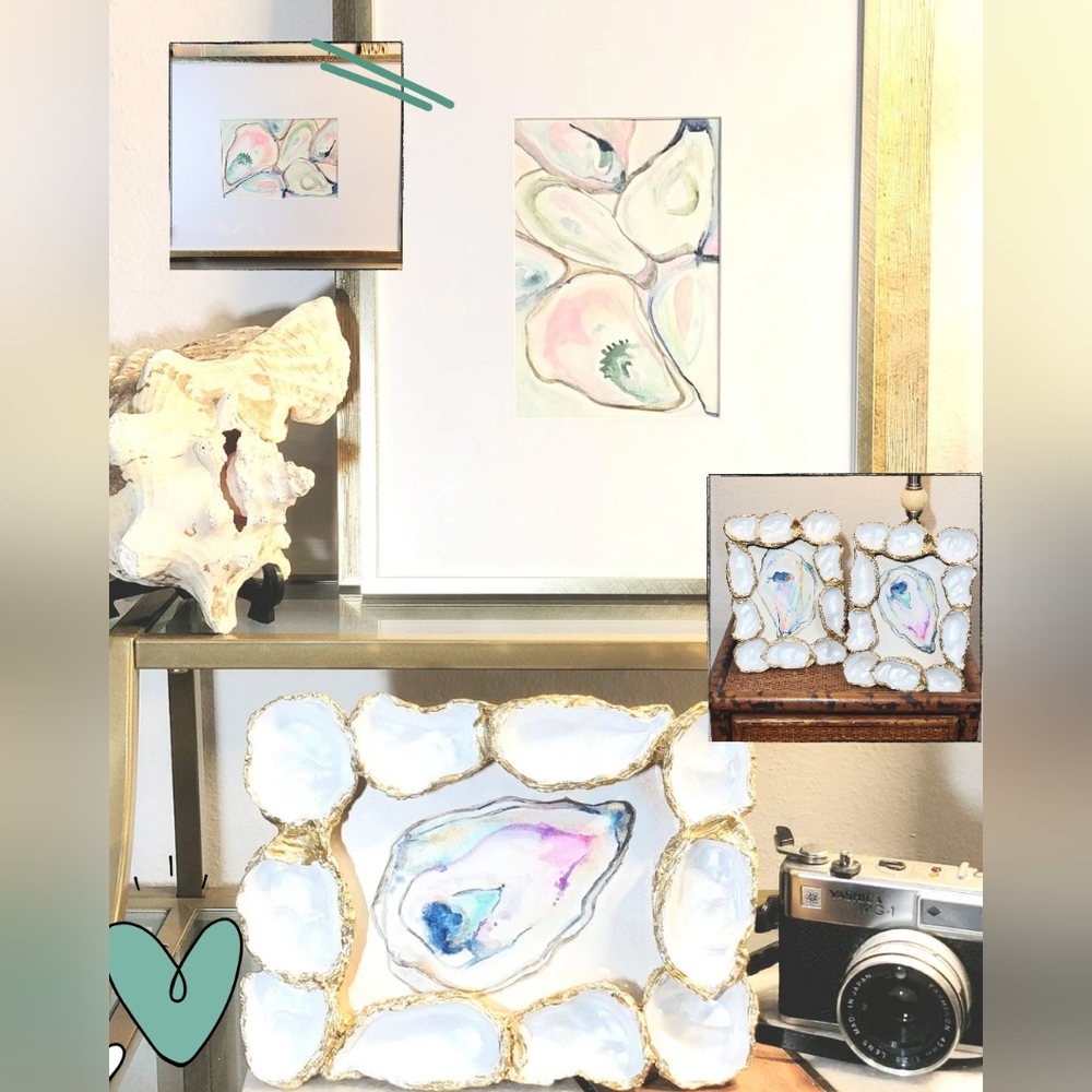 Gold-Trimmed Original Watercolor Oyster Shell Art